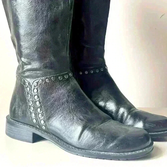 AEROSOLES BLACK  LEATHER ZIPPED STUDDED KNEE BOOTS ROUND TOE SIZE 6.5 M - Picture 1 of 12